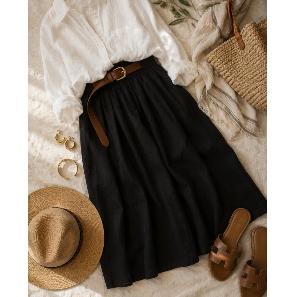 Vintage Bugardi Black 100% Linen Pleated Midi Skirt Pockets Minimalist size M - Picture 10 of 10